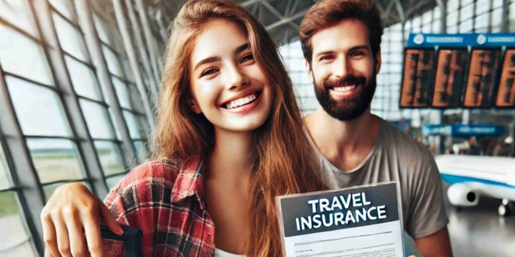 Couple sitting in airport showing travel insurance poster